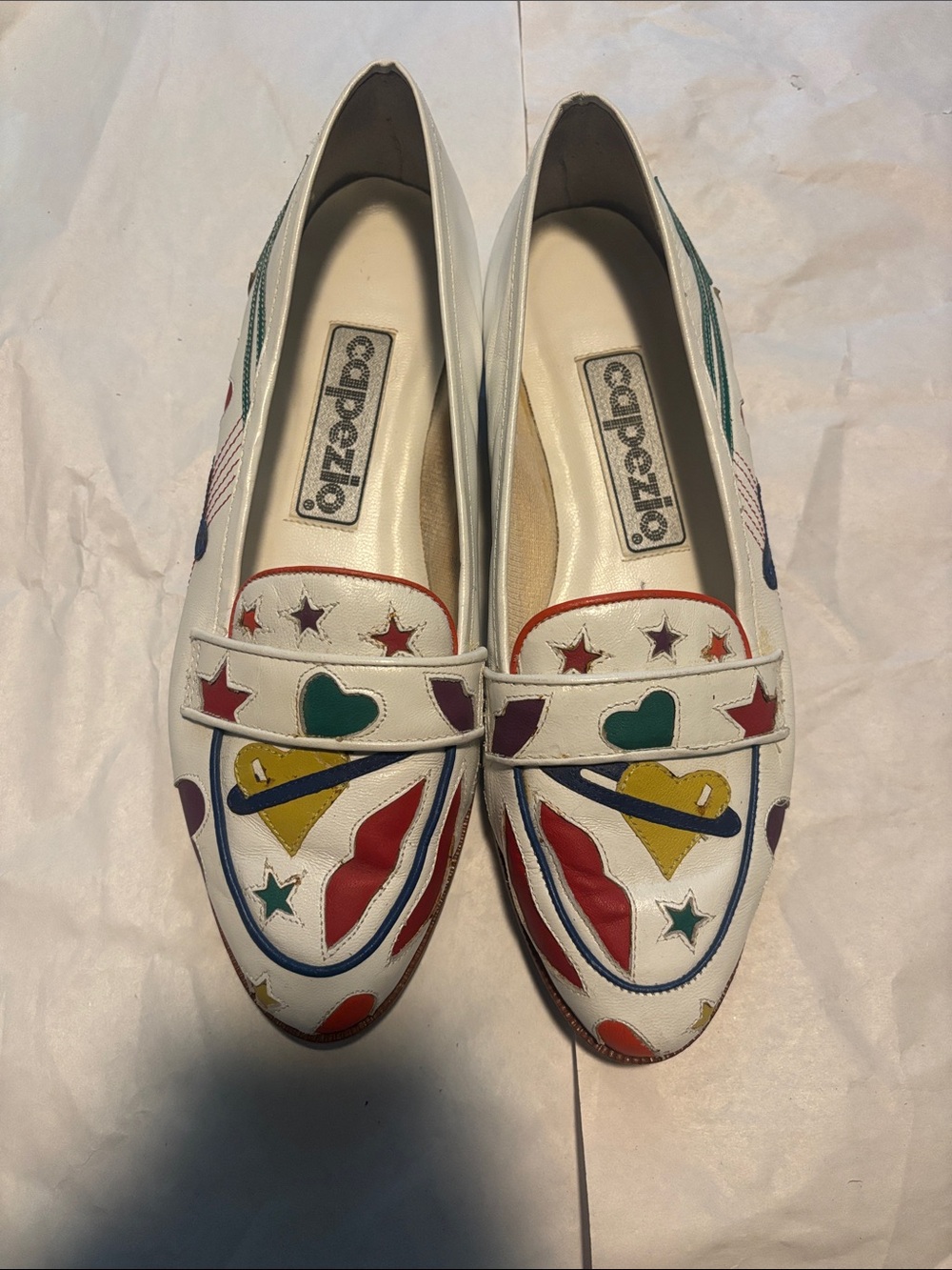 Capezio White Loafers with Multicolor Heart, Star & Lip Appliqués